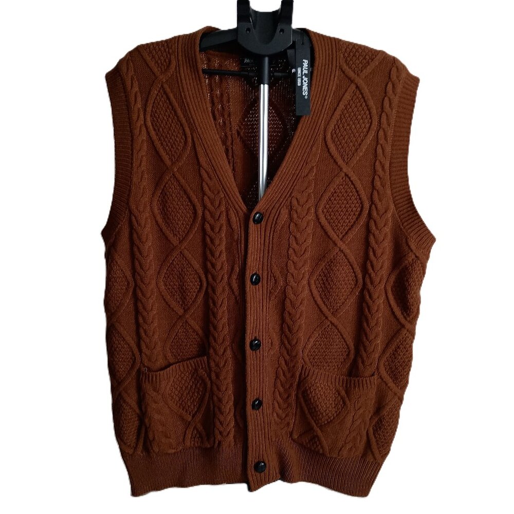 Paul Jones Brown Knit Vest Black Leather-Look Buttons Pockets Men's Size XL NWT